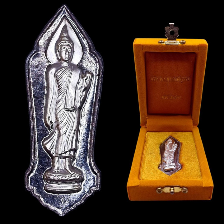 Walking Buddha Amulet Pendant Silver Mask Tin