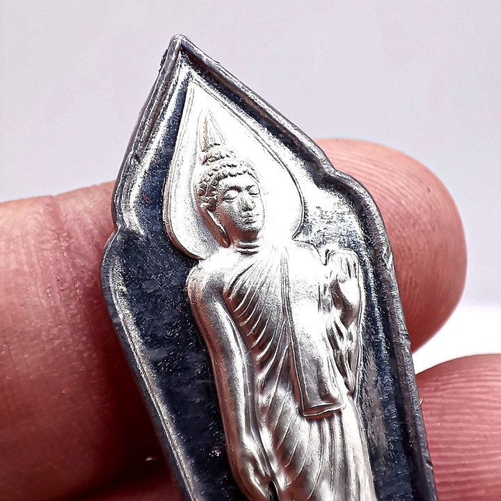 Walking Buddha Amulet Pendant Silver Mask Tin