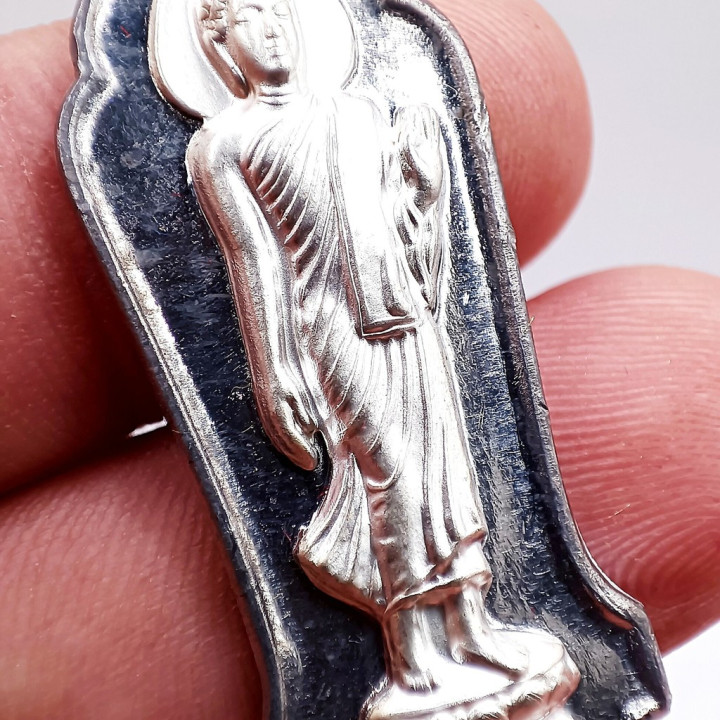 Walking Buddha Amulet Pendant Silver Mask Tin