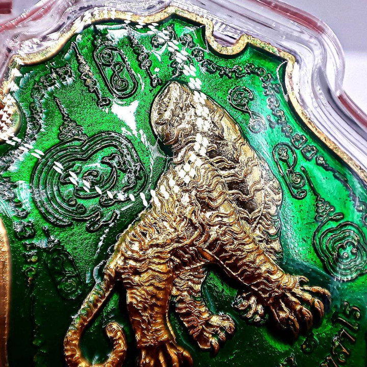 Luang Por Chan Tiger Amulet Gold Plated Green