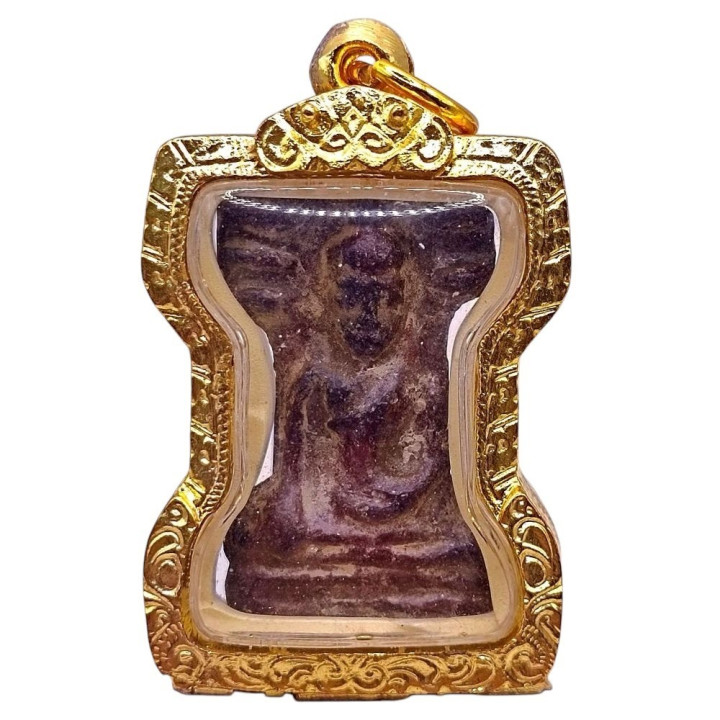 Phra Mahesuan Red Rust Tin Amulet with Gold Frame