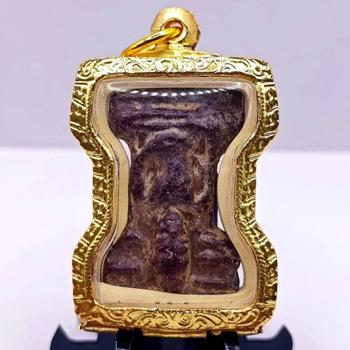 Phra Mahesuan Red Rust Tin Amulet with Gold Frame