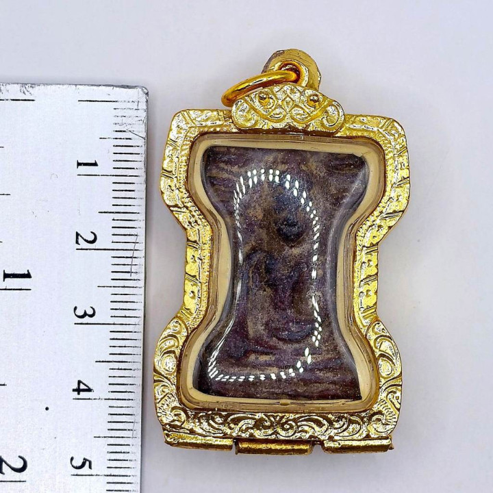 Phra Mahesuan Red Rust Tin Amulet with Gold Frame