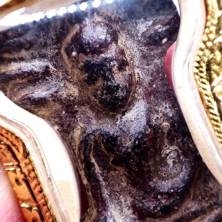 Phra Mahesuan Red Rust Tin Amulet with Gold Frame