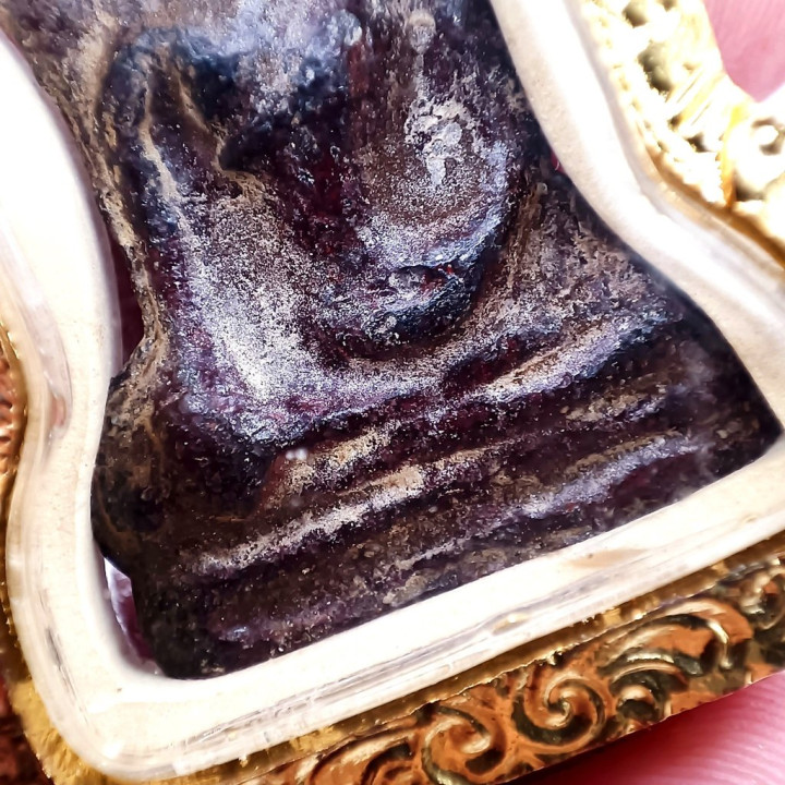Phra Mahesuan Red Rust Tin Amulet with Gold Frame
