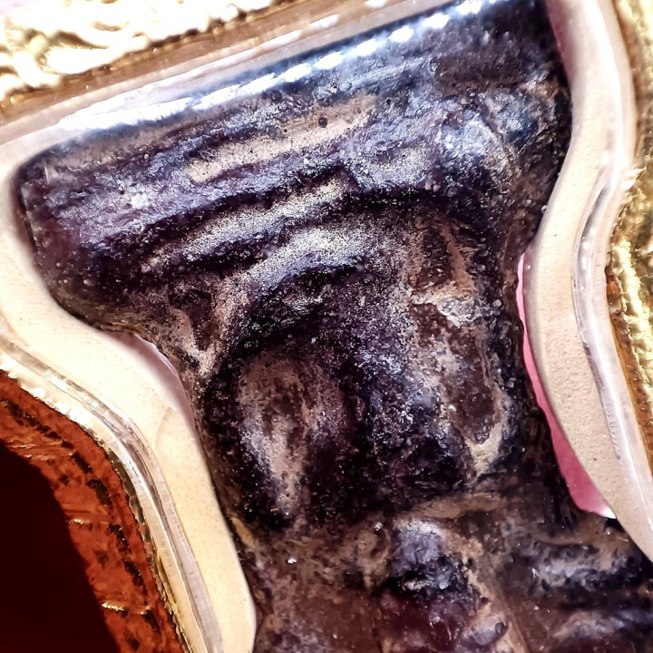 Phra Mahesuan Red Rust Tin Amulet with Gold Frame