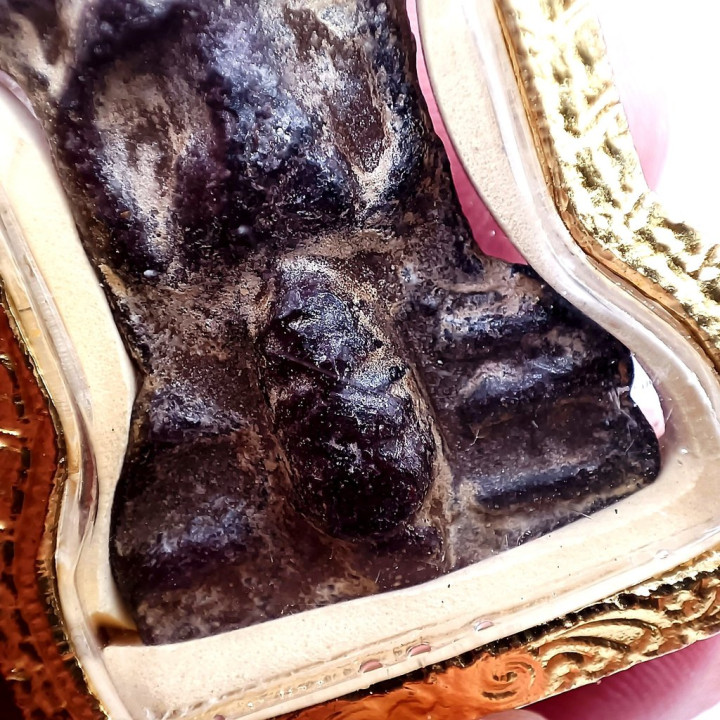Phra Mahesuan Red Rust Tin Amulet with Gold Frame