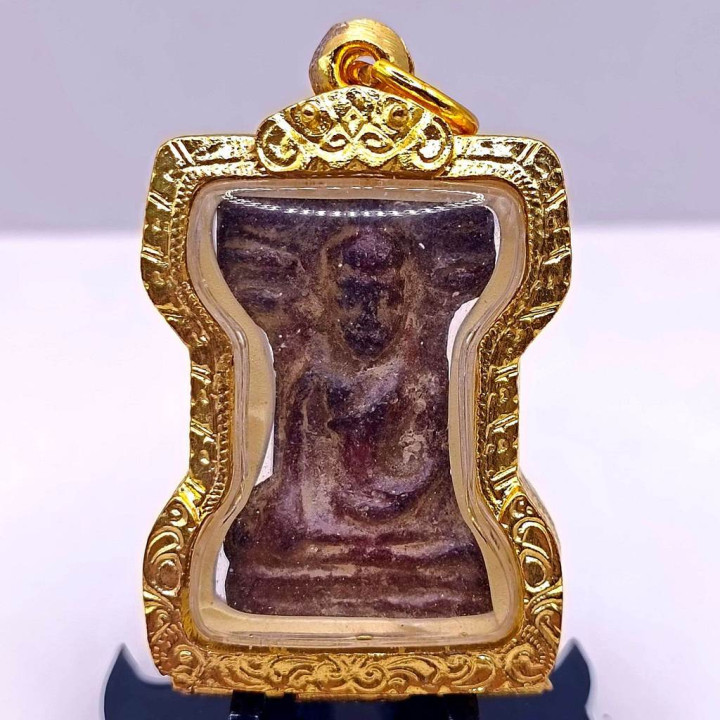 Phra Mahesuan Red Rust Tin Amulet with Gold Frame